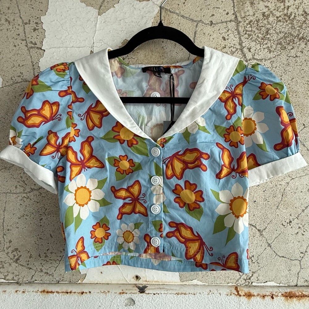 Y2K Crop Top Butterly Daisy Floral Puff Sleeve Sailor Collar NWT Womens S Delias